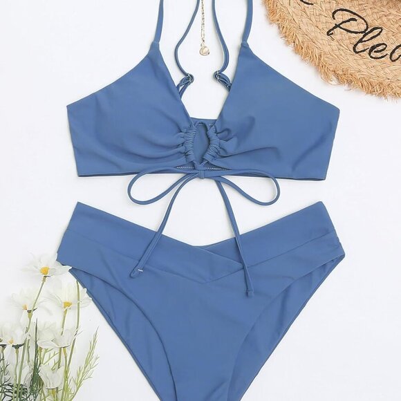 Women's High Cut String Triangle Bikini Set - Blue - Medium - Picture 3 of 5